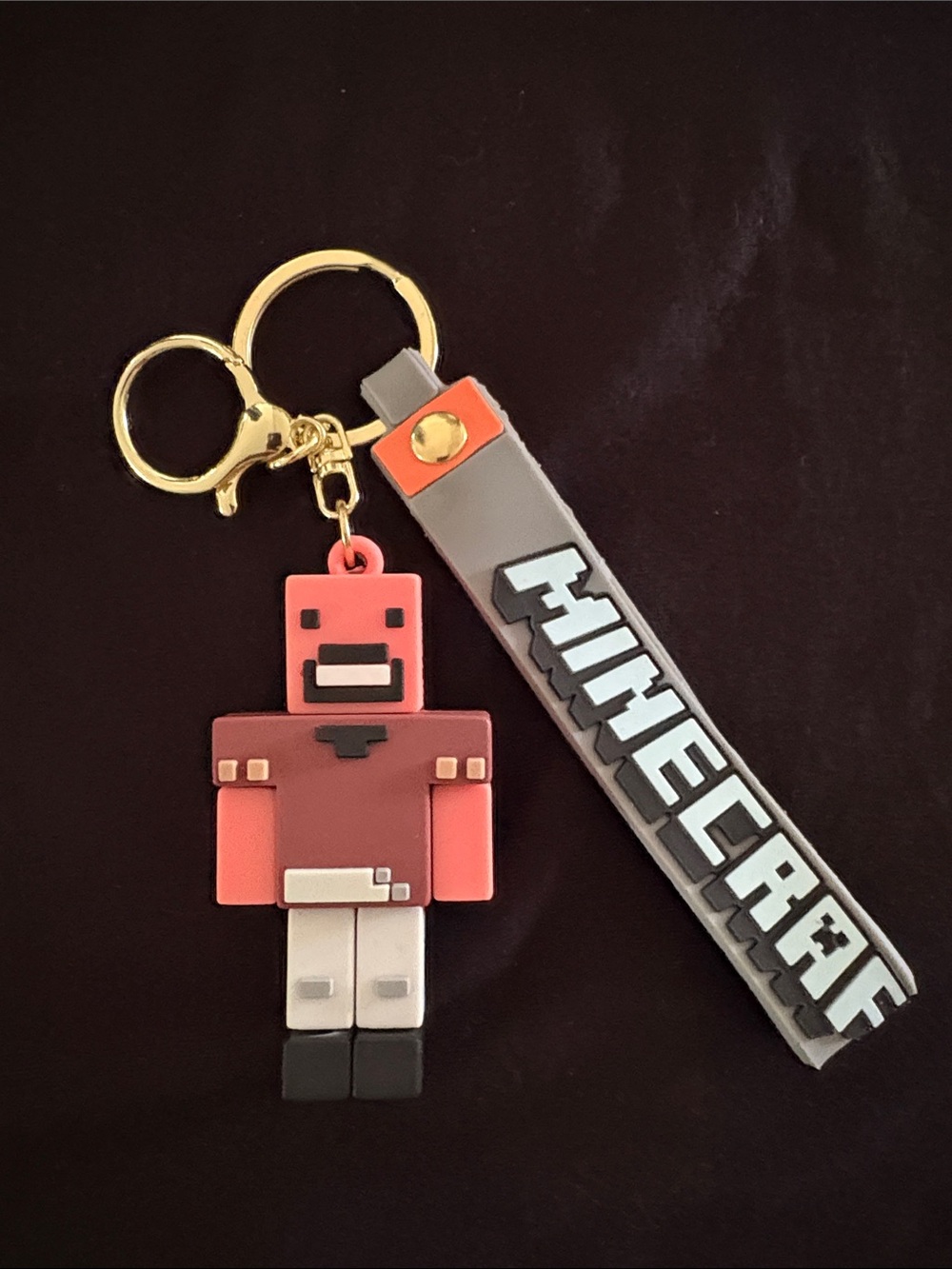 MineCraft Pinkish Red and Brown Block Character Keychain Bag Charm with Strap